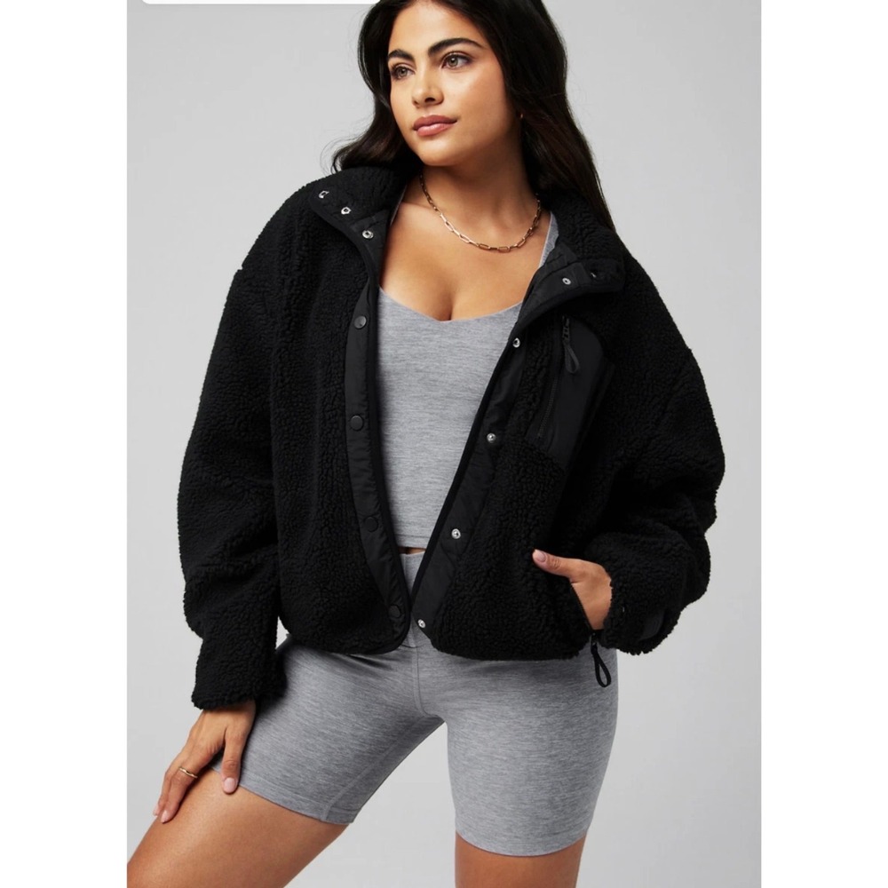 Fabletics Sherpa Fleece Jacket Womens Medium Black Snap Tahoe Teddy